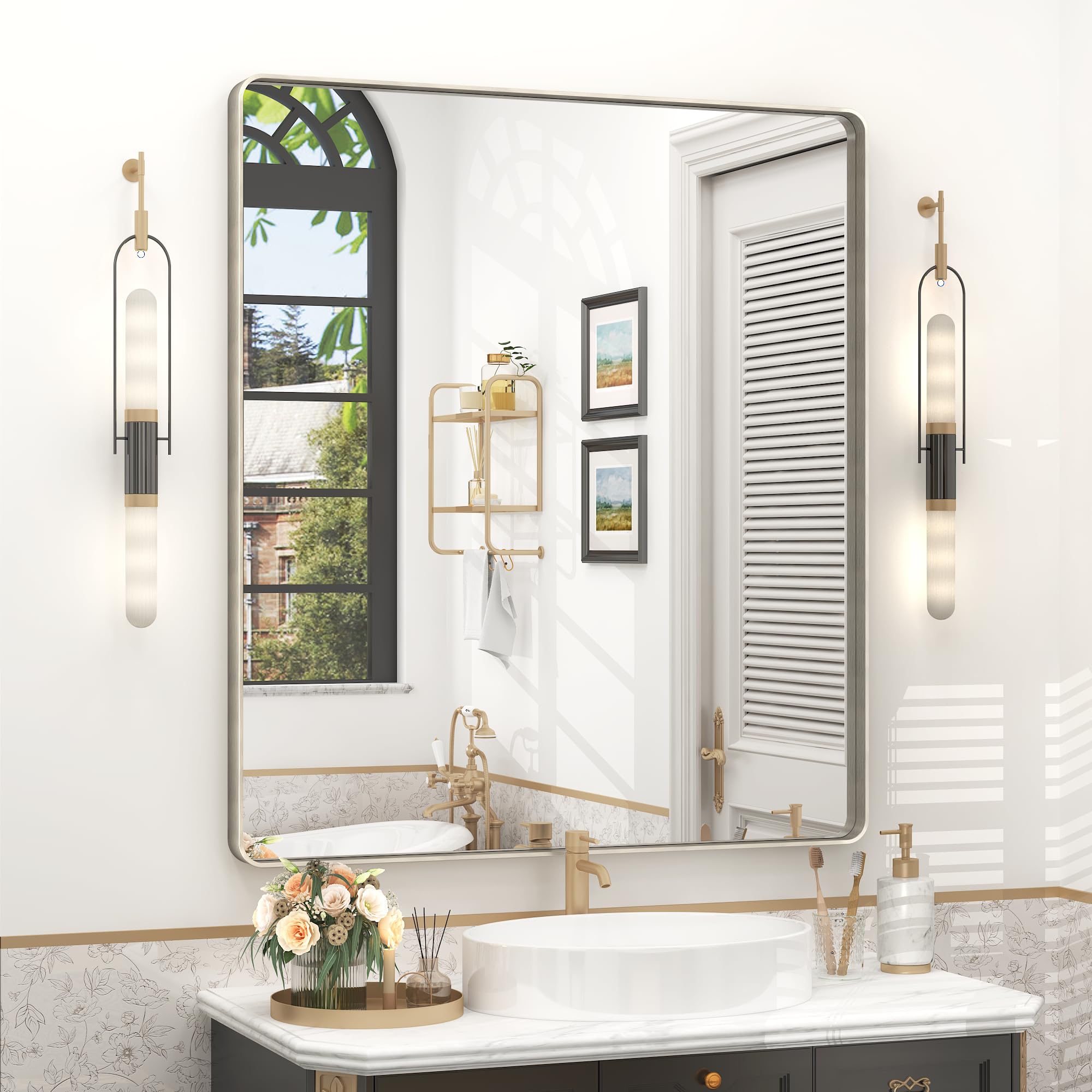 Bathroom Mirror Silver, 36x32 Brushed Metal Framed Vanity Mirror
