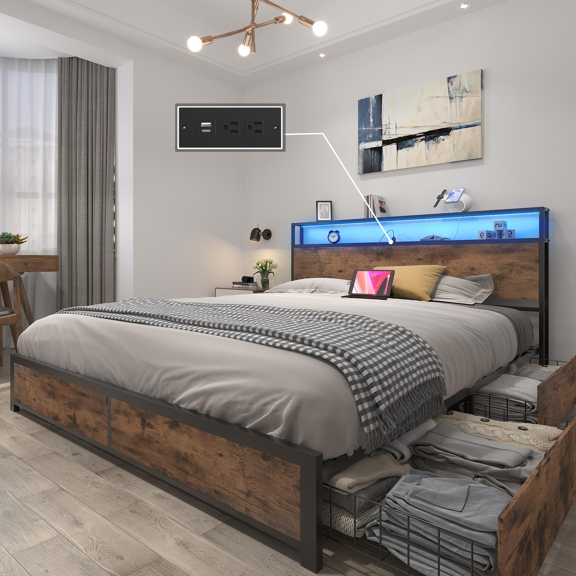 Lifezone Queen Bed Frame with 2-Tier Storage Headboard, Metal Platform Bed Frame