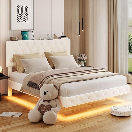 Bed Frame Queen with LED Lights and Charging Station, Lift up Storage Bed Queen