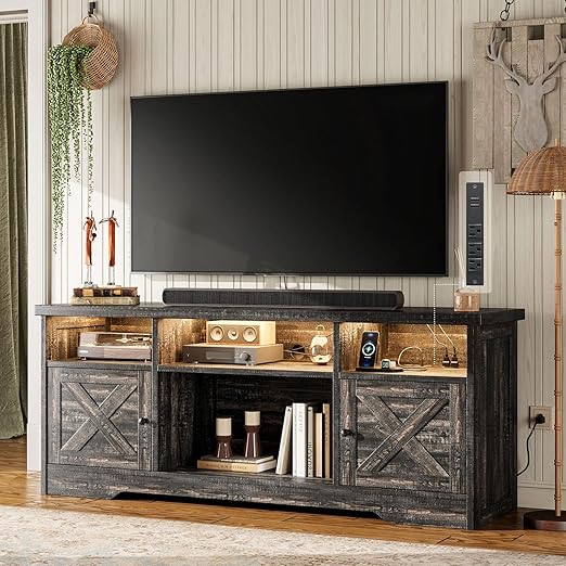 65 Inch Farmhouse TV Stand with Power Outlet & LED Lights