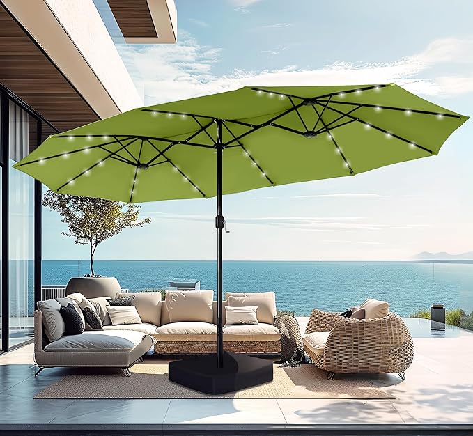 15ft Large Patio Umbrella with Base & Solar Lights, Double-Sided Outdoor Rectangle Umbrellas