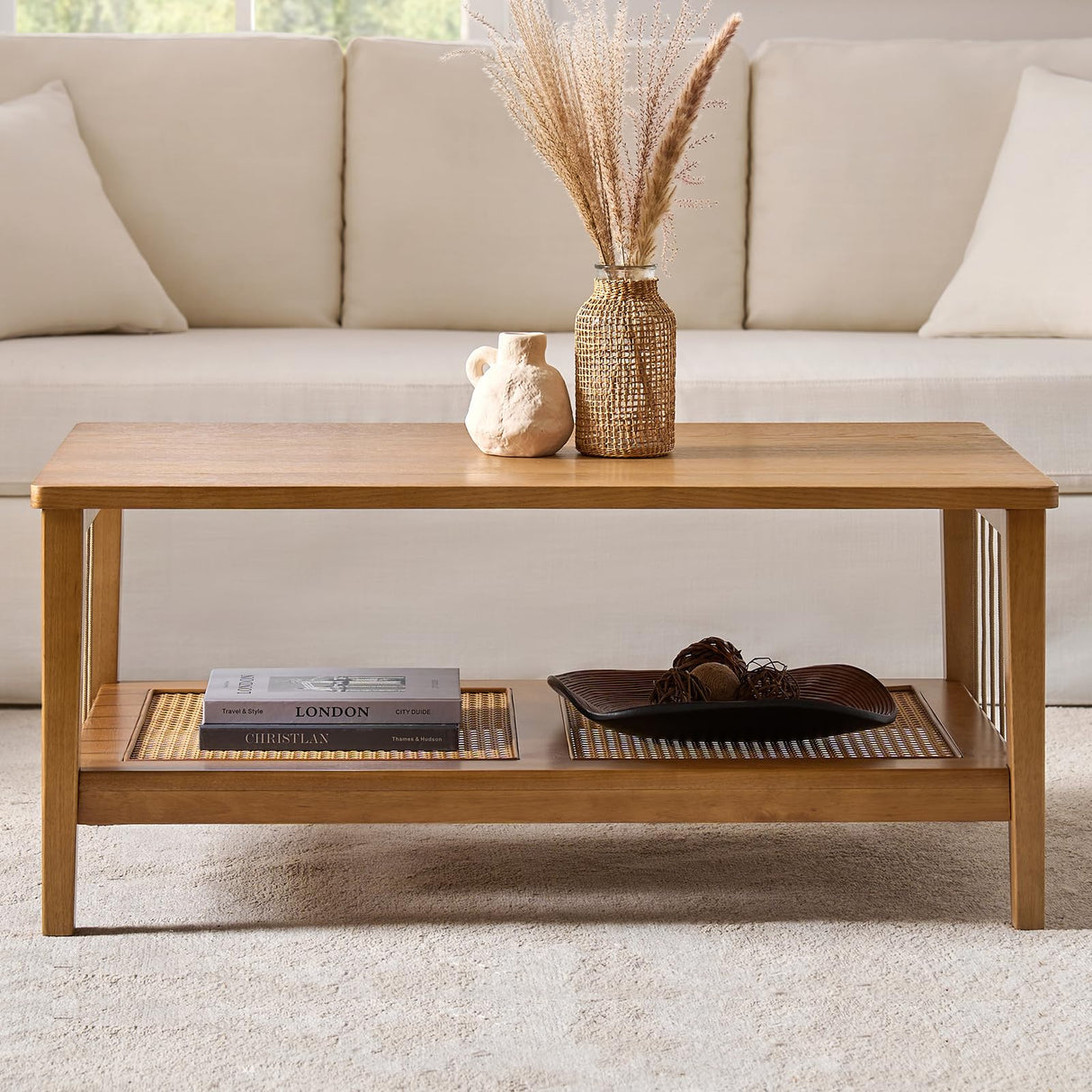 Coffee Table with Storage Rattan Shelf, 2-Tier Farmhouse Rectangular Center