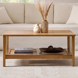 Coffee Table with Storage Rattan Shelf, 2-Tier Farmhouse Rectangular Center