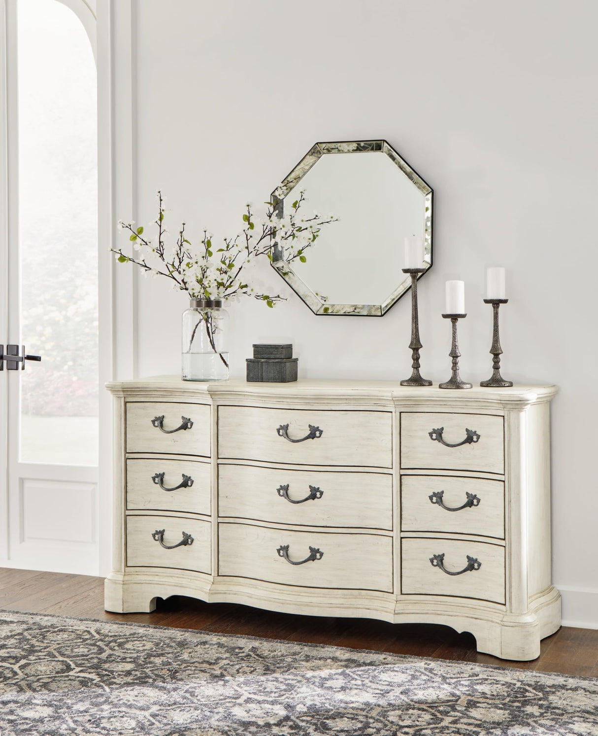 Arlendyne Traditional 9 Drawer Dresser with Felt-lined Top Drawer for Bedroom, White