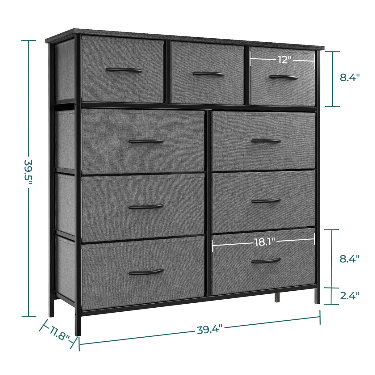 Organizer Storage 9, Chest of Drawers with Fabric Bins, Tall Dresser with Wood Top