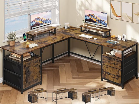 67in L Shaped Computer Desk with Power Outlets, 90.5in Long Home Office