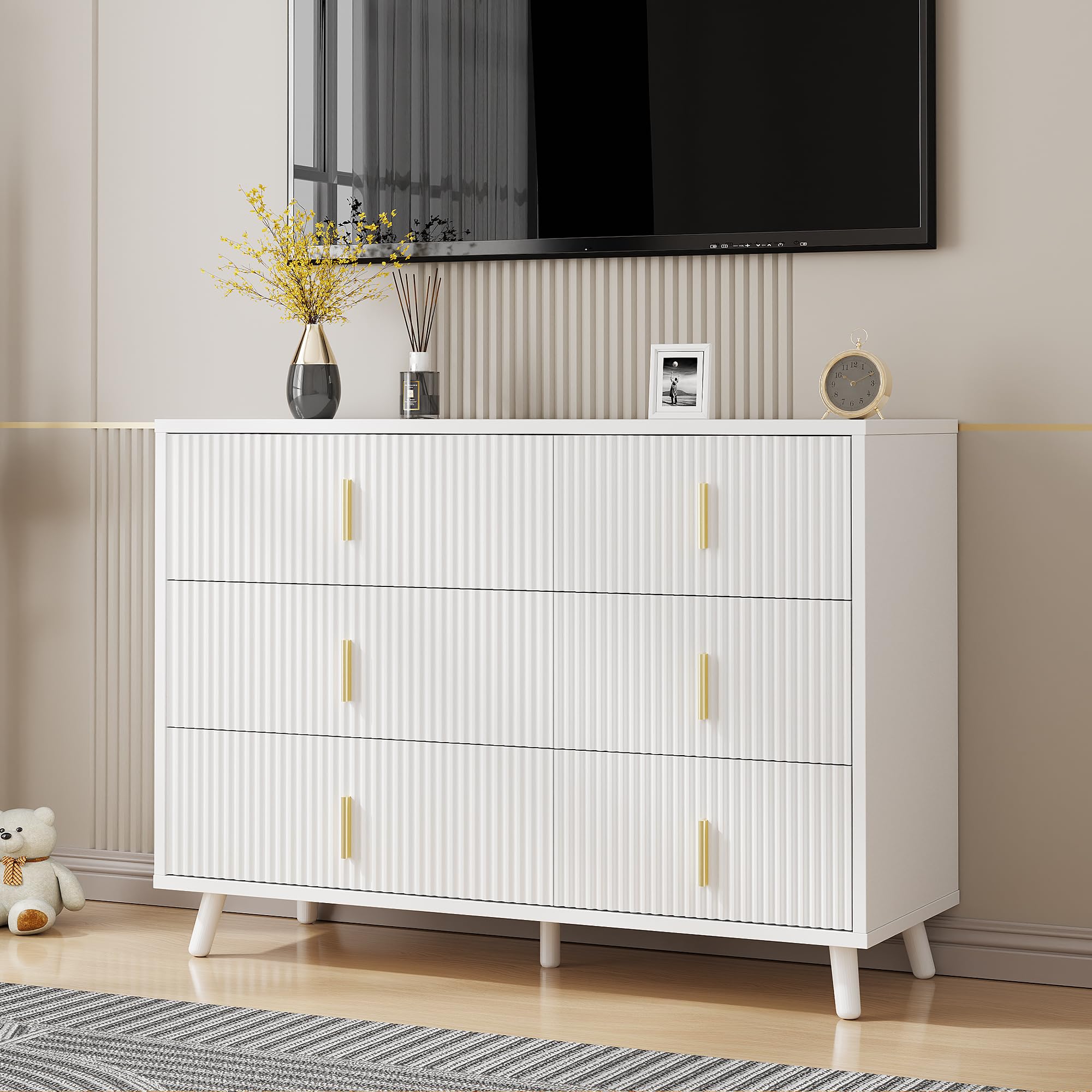 White Dresser for Bedroom, 6 Drawer Dresser Chests of Drawers with Waveform Fluted Panel