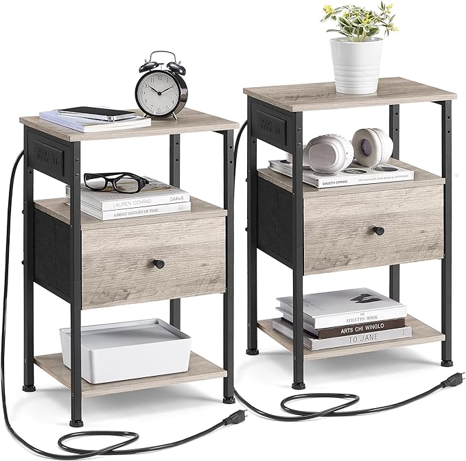 Nightstand with Charging Station, Set of 2 Night Stands, Side Table with 1 Drawer and 2