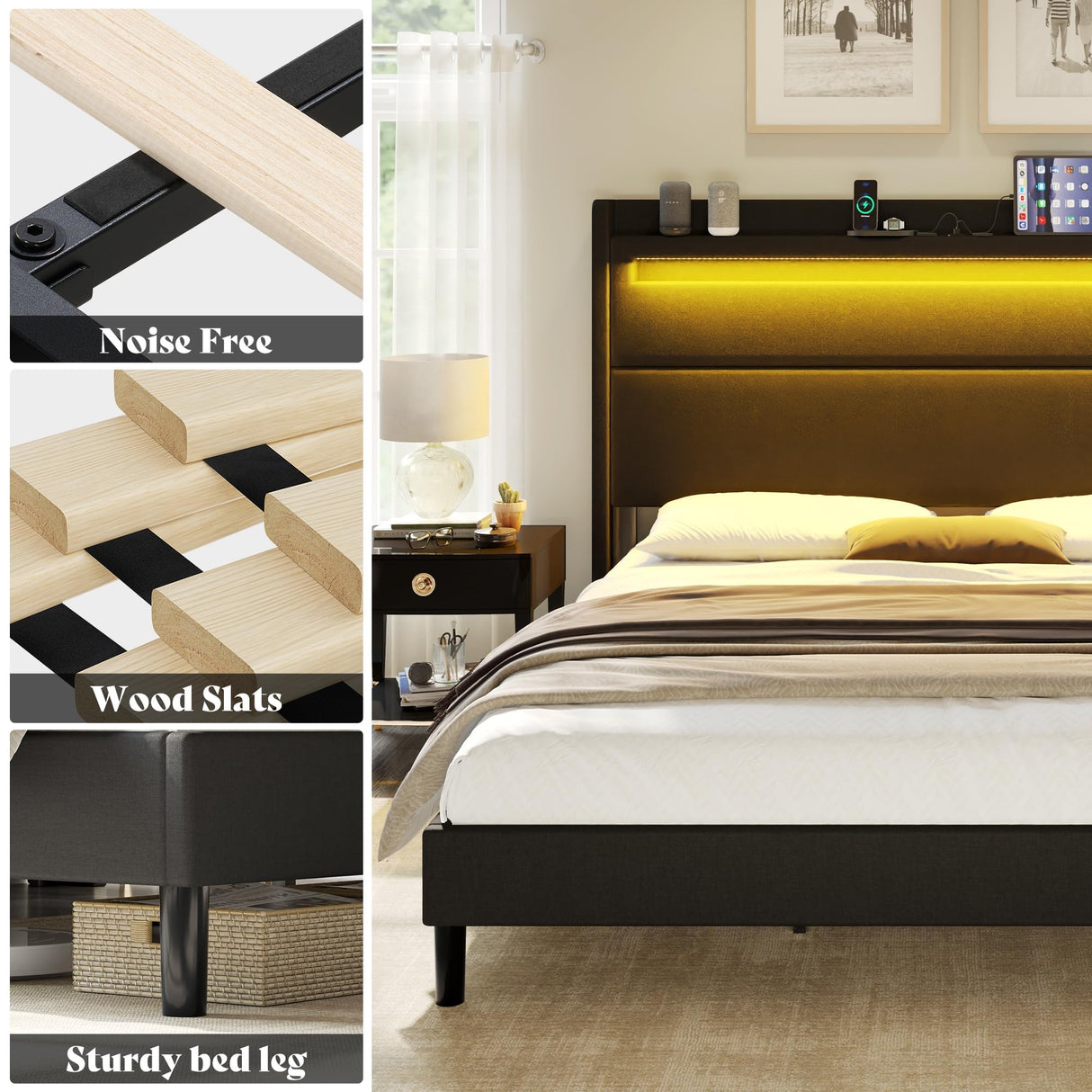 Queen Bed Frame with LED Lights and Wingback Headboard,