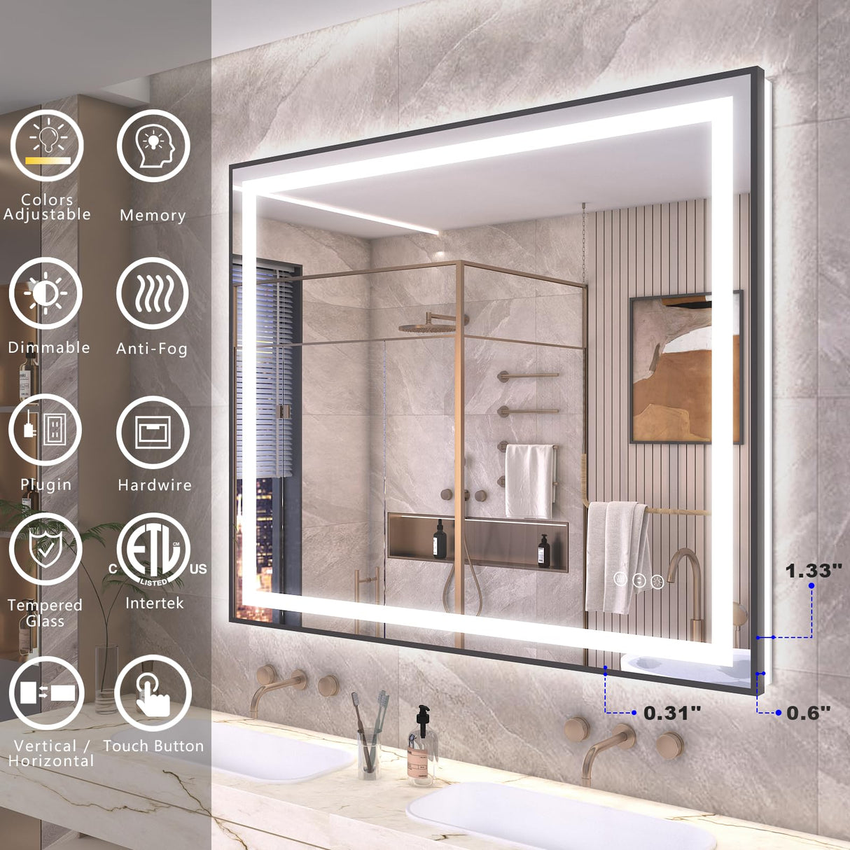 40x36 LED Mirror for Bathroom with Front and Backlit, Anti-Fog Lighted Mirror, Dimmable