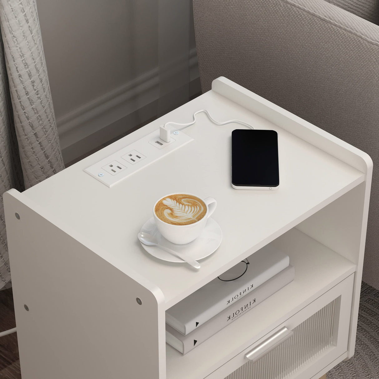 Nightstand with Charging Station, Bedside Tables, End Table Side Table