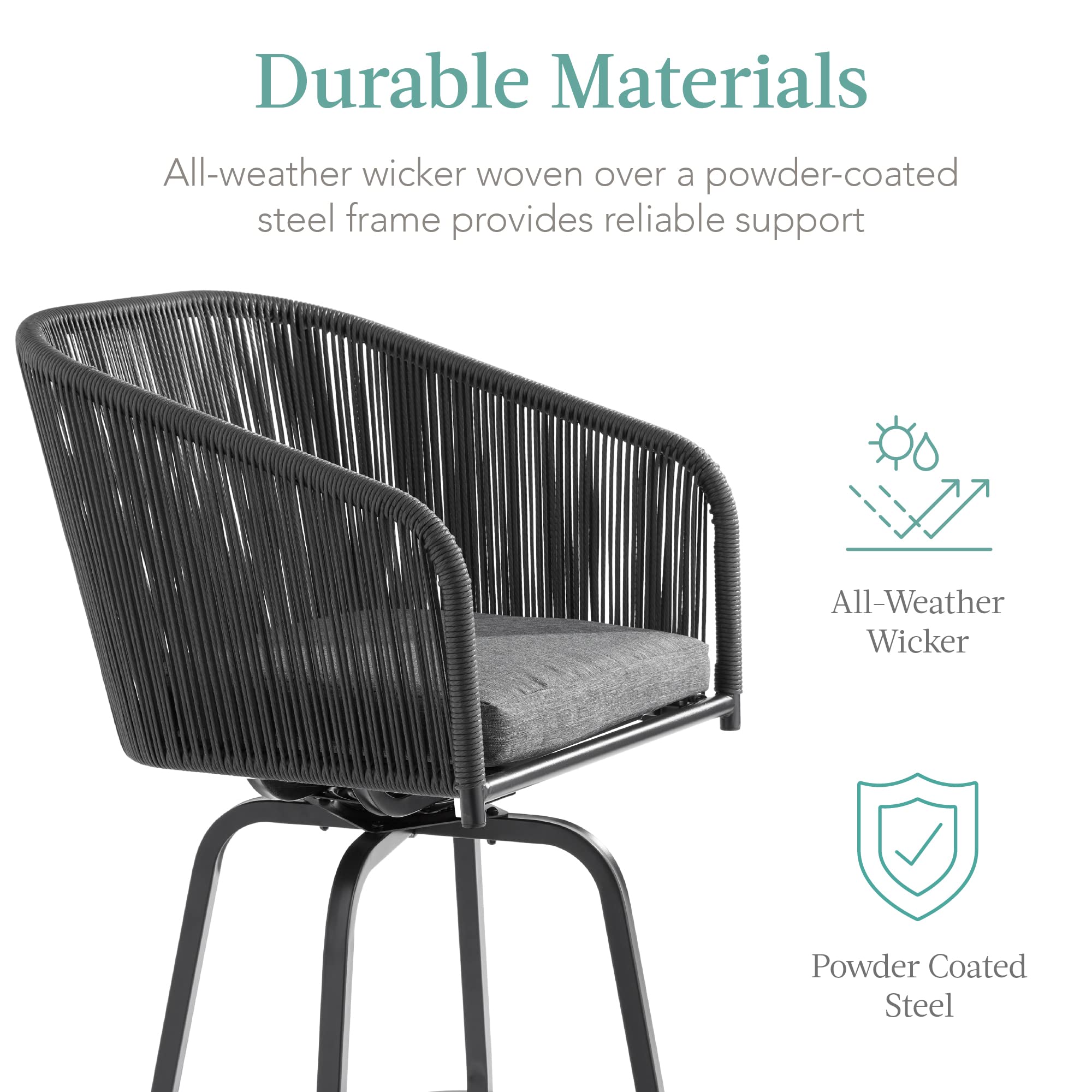 Set of 2 Woven Wicker Swivel Bar Stools, Patio Bar Height Chair for Backyard, Pool