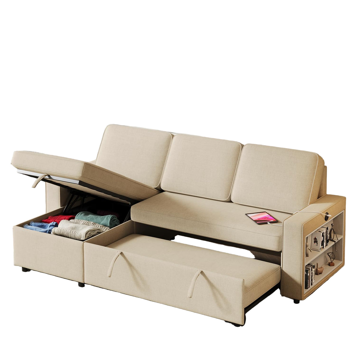 Sectional Sofa Couch, 86" Sleeper Sofa Bed with Storage Racks & Pull Out Sleeper