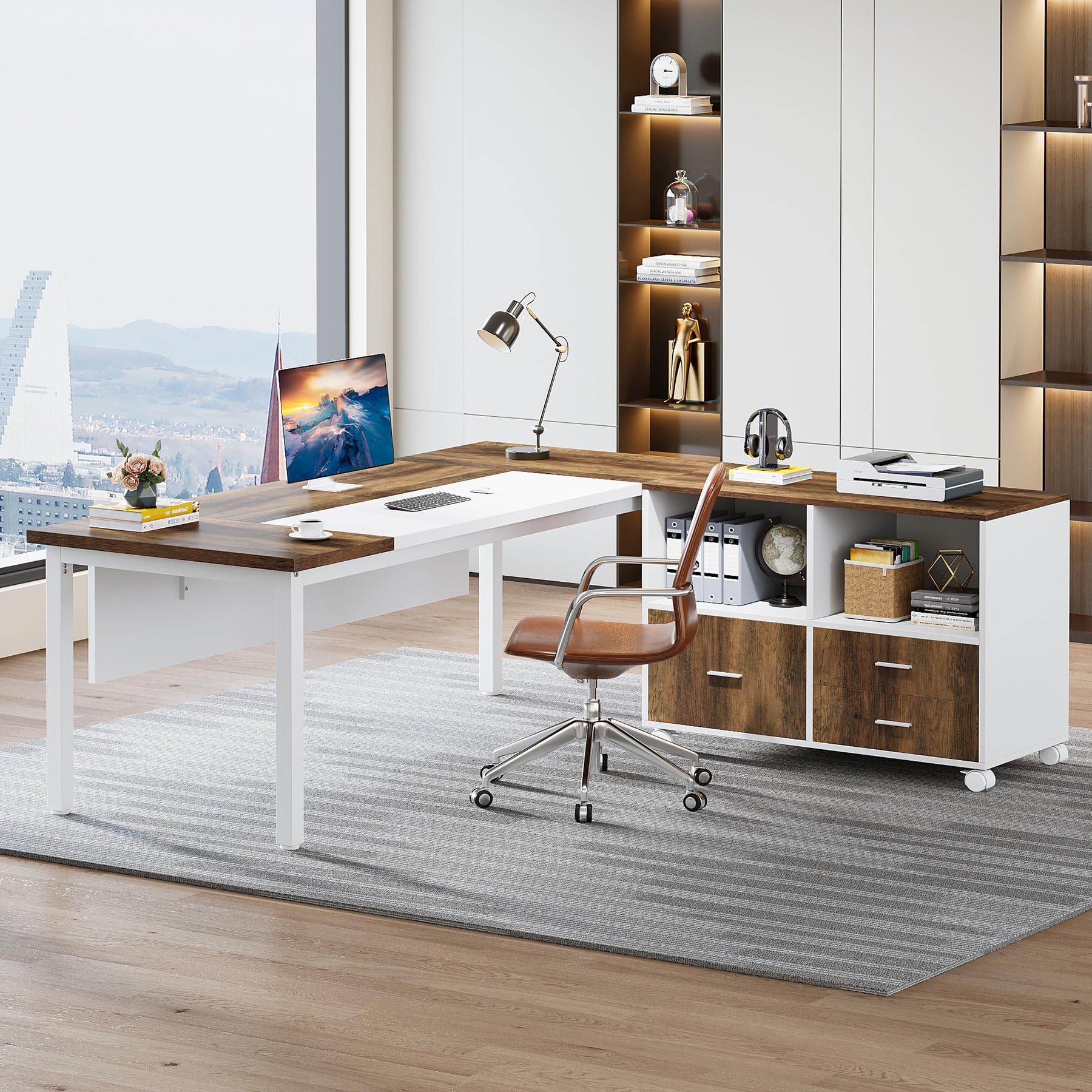 Office Desk with Cabient,63 inches L Shaped Computer Desk