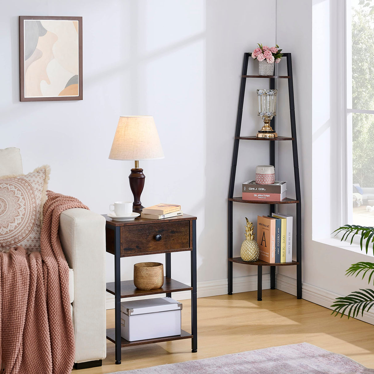 RusticHaven 4-Tier Industrial Corner Bookshelf