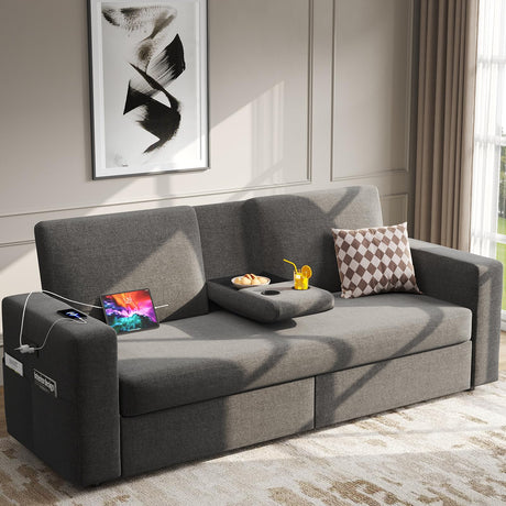 62.6” Loveseat Sofa with 2 Drawers, USB & Type-C Charging Port, Comfortable Linen Living Room Sofa with Small Table Board, Upholstered Small Sofa Fits Bedroom, Office, Dark Grey