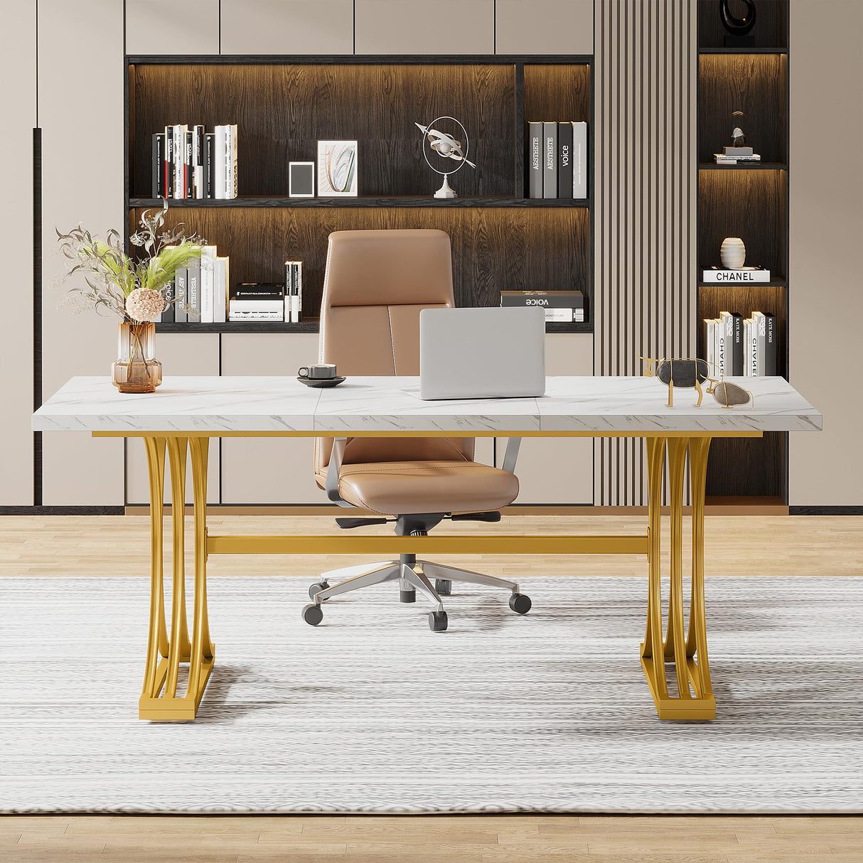 63" Large Office Desk, Modern Rectangle Executive Desks with Stylish Gold Legs,