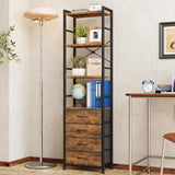 Bookshelf with 4 Fabric Drawers, 6-Tier Tall Narrow Bookshelf with Storage