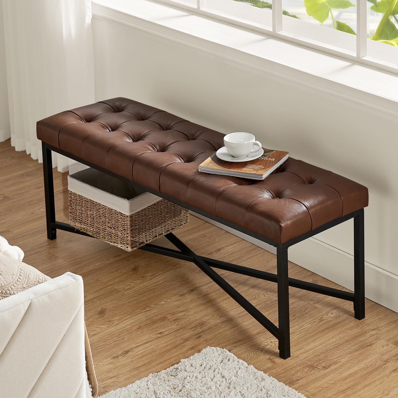 50" Genuine Leather Bed Bench for Bedroom End of Bed