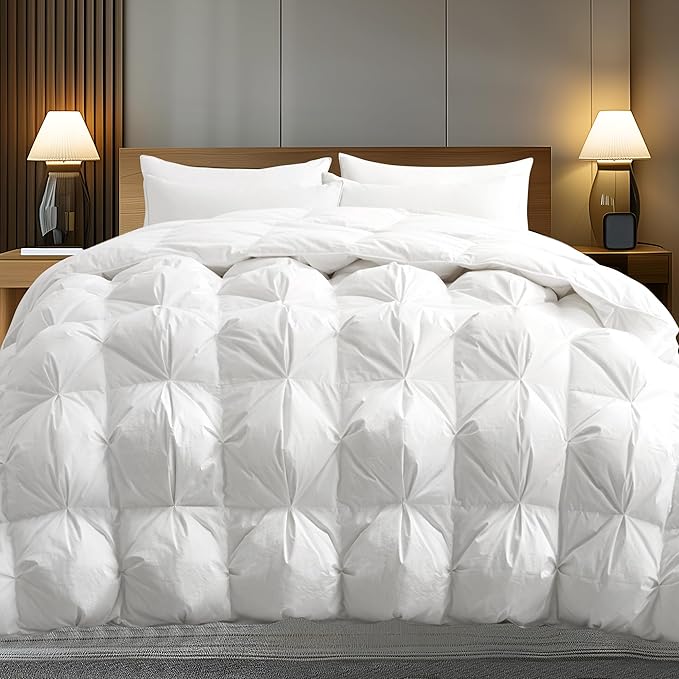 Cotton Feather Comforter, Bedding Duvet Insert Full/Queen Size, 100% Pure Natural Cotton Cover Breathable Fluffy Feather Comforter with Corner Ties (Beige, 88"x90")