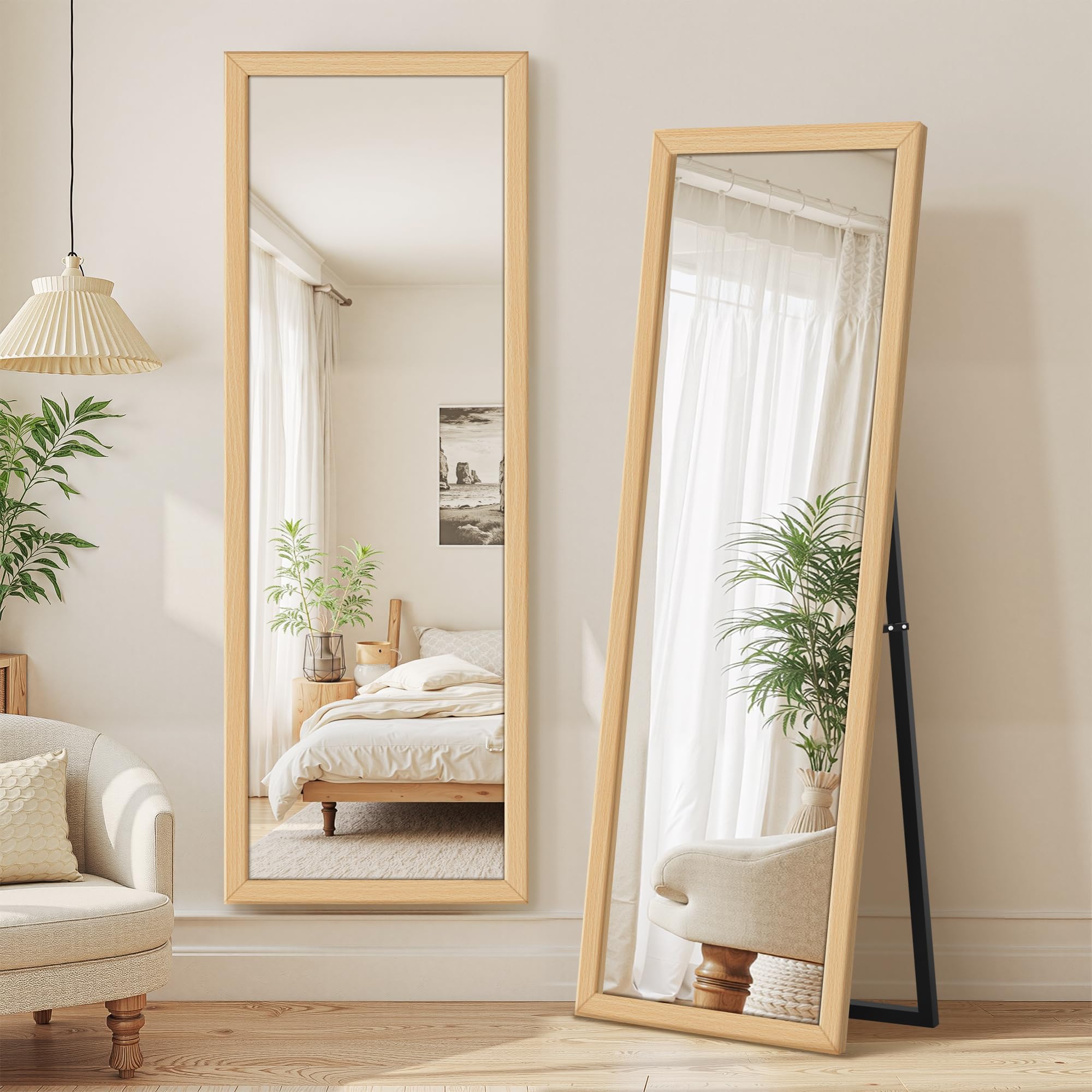 Full Length Wall Mirror with Wooden Frame & Stand - 56x20 Floor Mirror