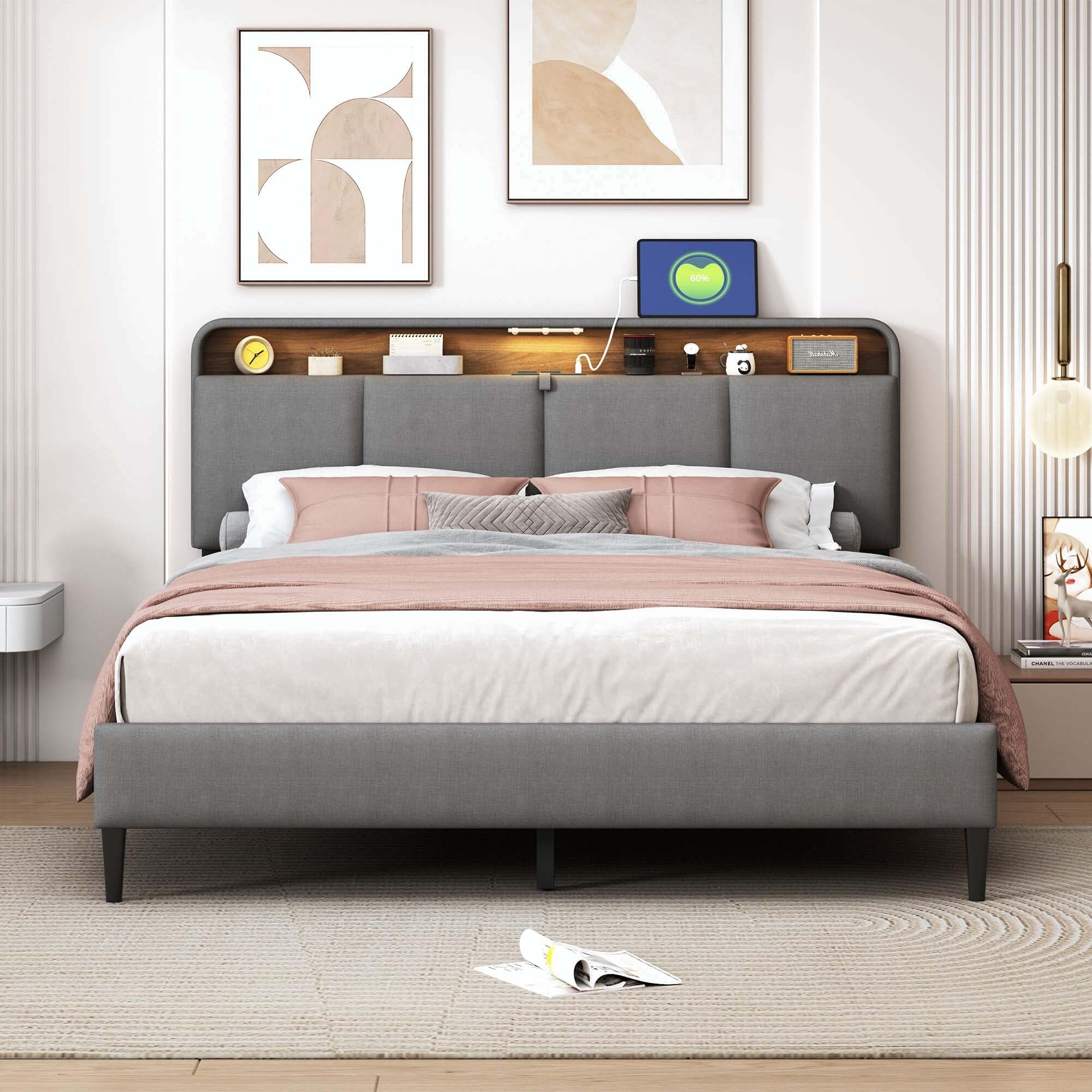 Upholstered Platform Bed with Storage Headboard and Sensor Light Beige - Queen