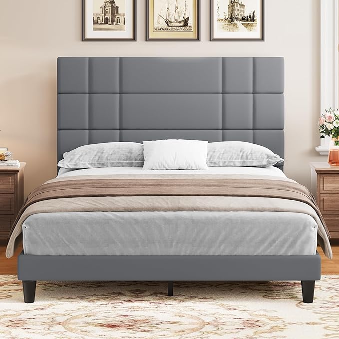 Queen Size Bed Frame Linen Fabric Upholstered Platform with Headboard and Strong Wooden Slats,