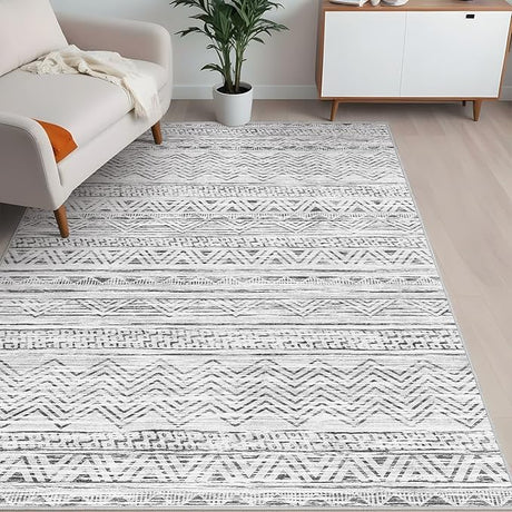 Abstract 8x10 Area Rug: Retro Soft Washable Non-Slip Neutral Area Rugs for Living Room