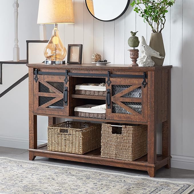 Entryway Table w/Sliding Barn Doors, 46'' Farmhouse & Industrial Console Table