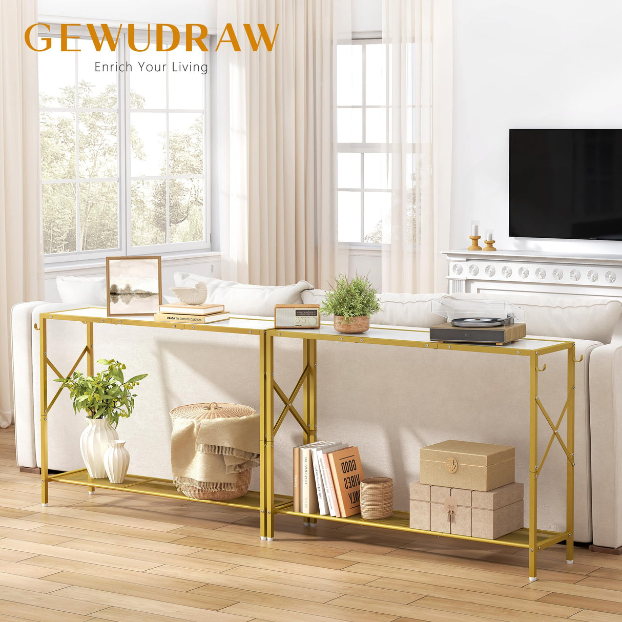 Gold Console Table, 2 Tier Narrow Entryway Table with Shelves and Hooks,