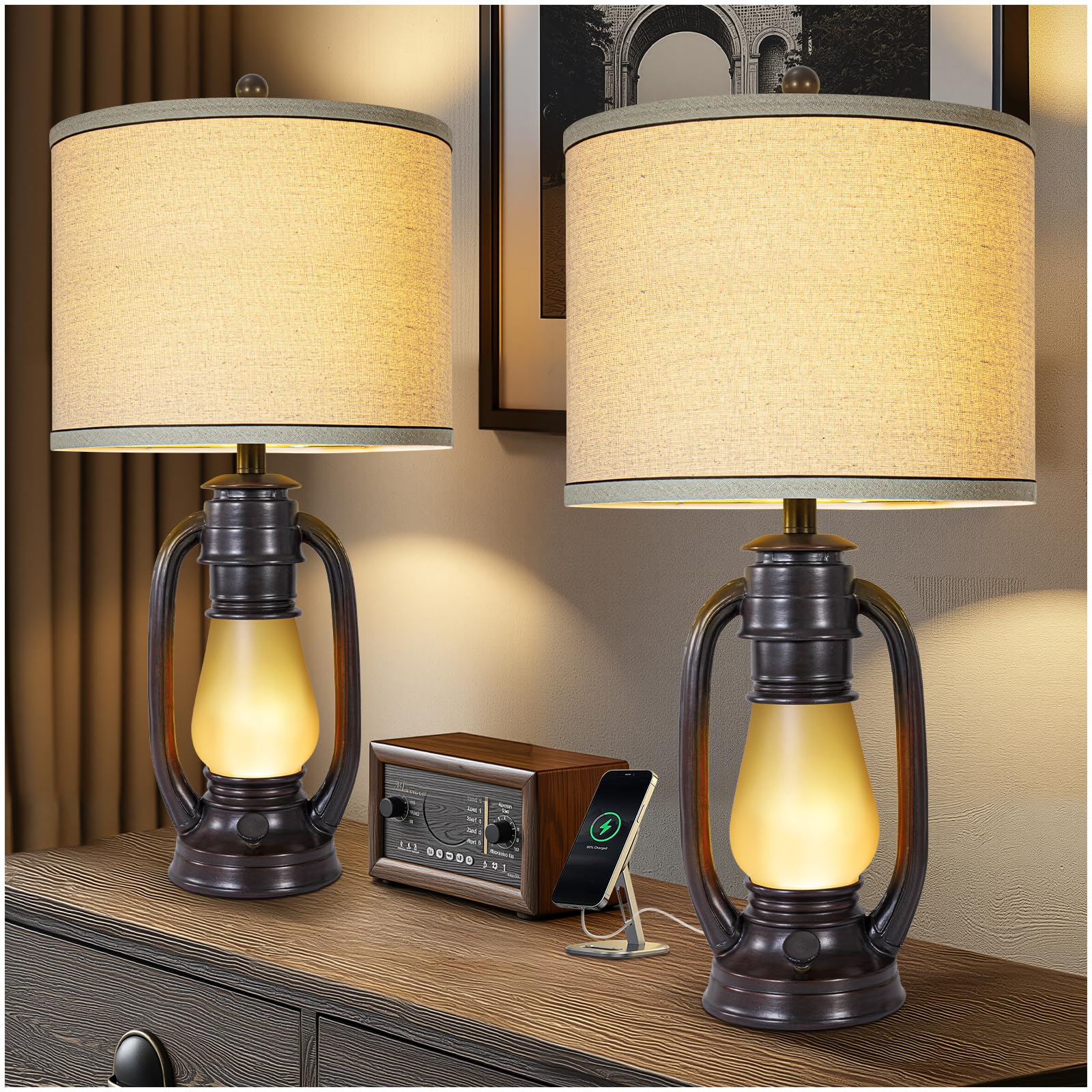 26" Vintage Lantern Table Lamps Set of 2 with USB Charging Ports