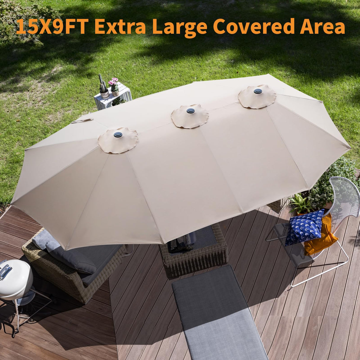 15ft Large Patio Umbrella, Outdoor Double-Sided Market Umbrella with Crank Handle,