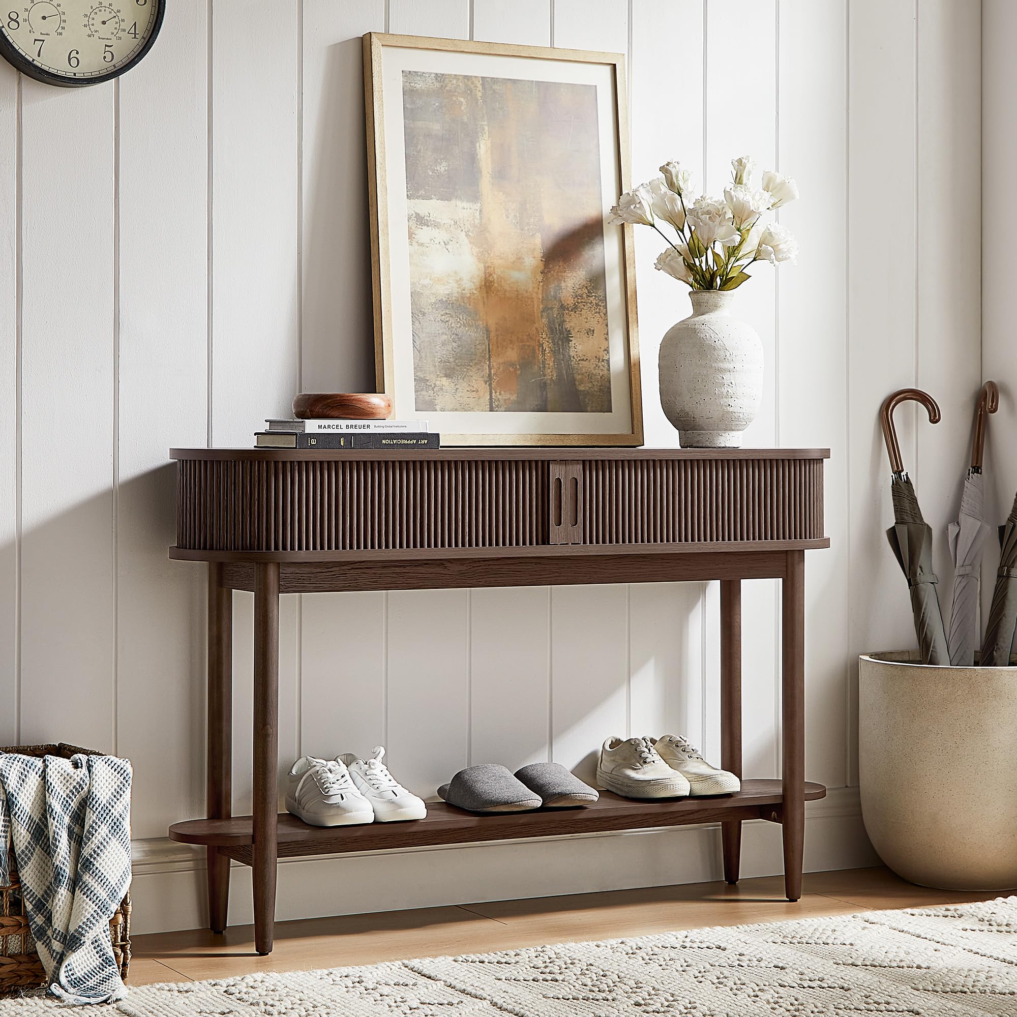 Fluted Console Table, Mid-Century Modern Entryway Cabinet with Sliding Tambour Doors