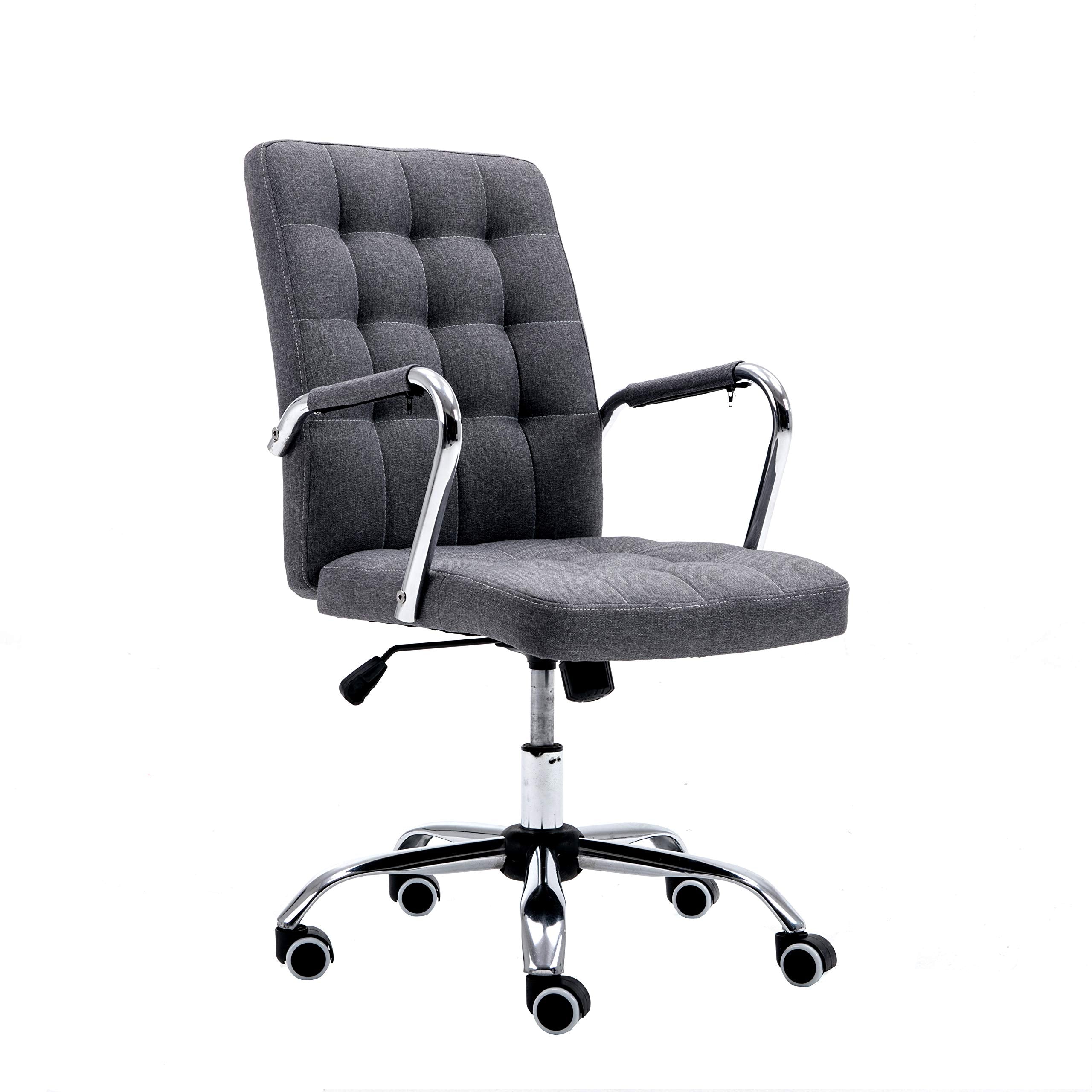 Swivel Office Chair with Durable Hemp Fabric Upholstery in Classy Tufted Design, Adjustable Height, Ergonomic Armrests and Roller Wheels