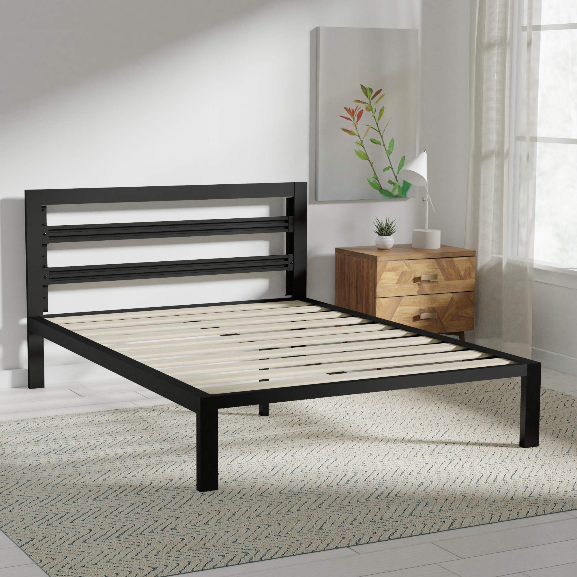 Industrial Metal Bed Frame with Headboard - Queen, Black