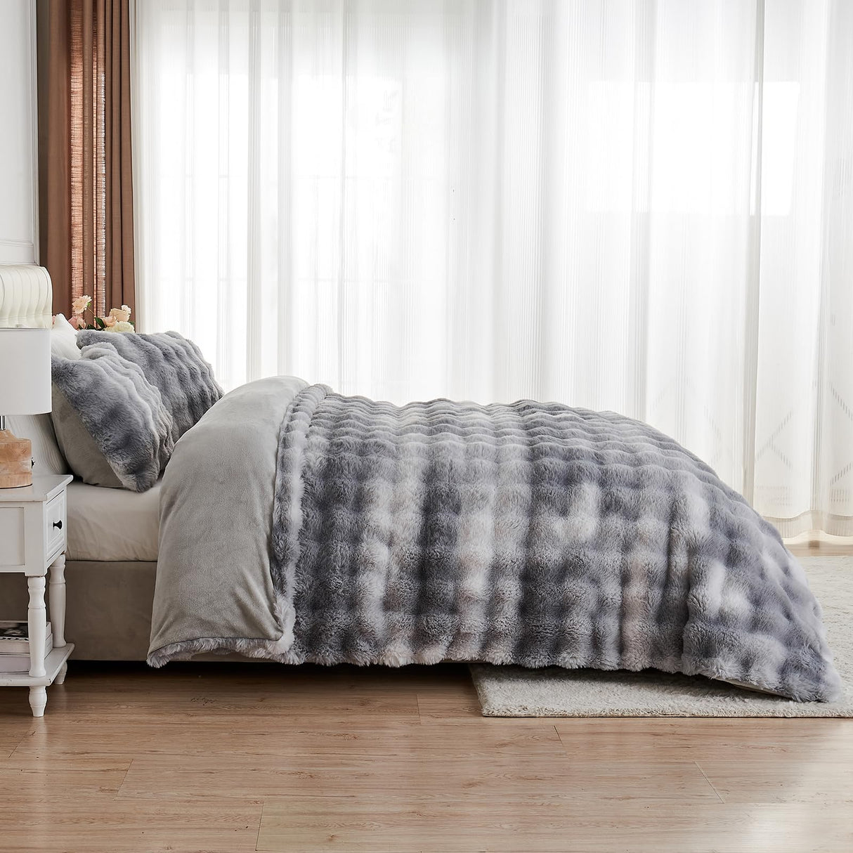 Fluffy Comforter Cover Set-Rabbit Fluff Faux Fur Duvet Cover King Size,Gray White