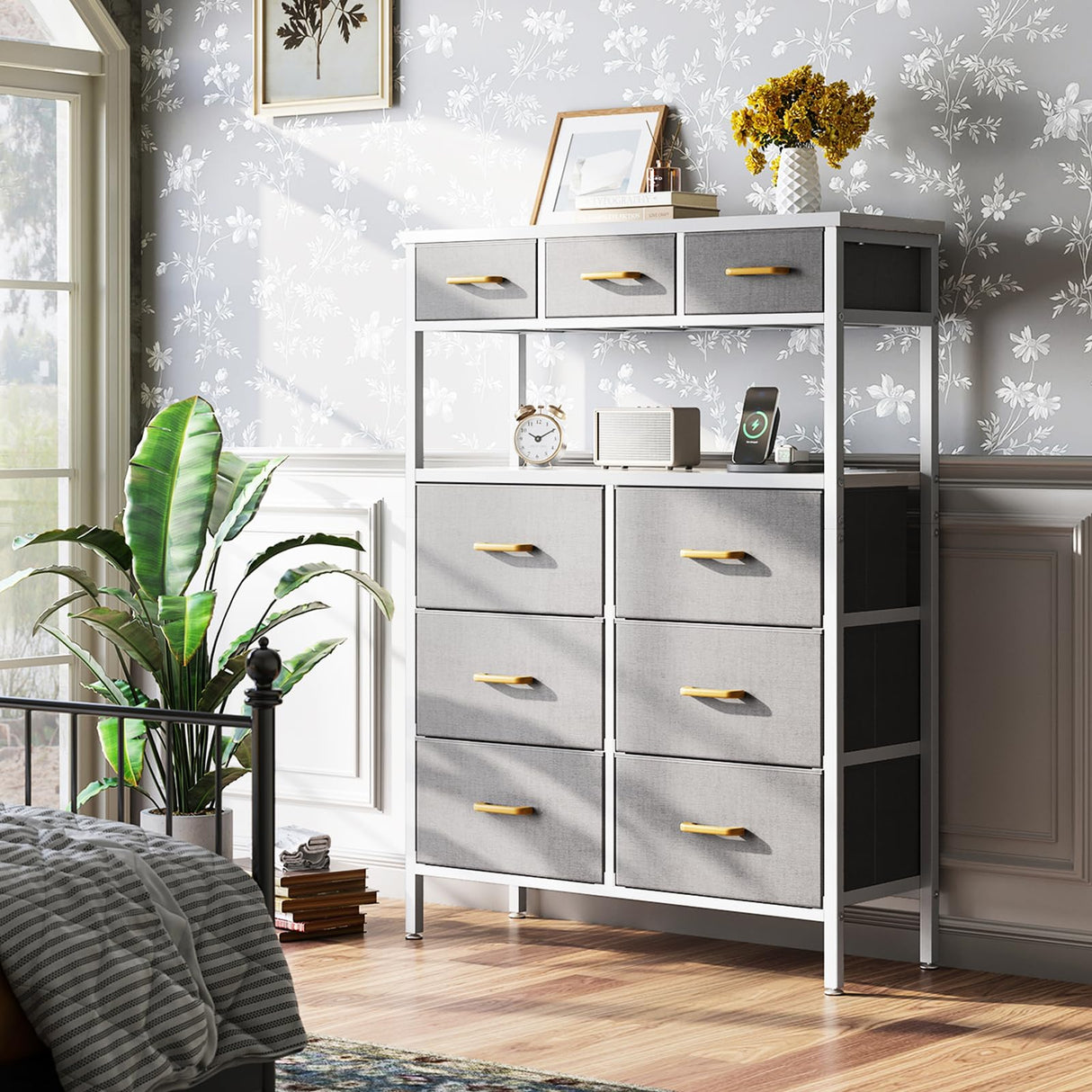 Dresser with Charging Station, 52 Inches Tall Dresser for Bedroom with 9 Storage Drawers