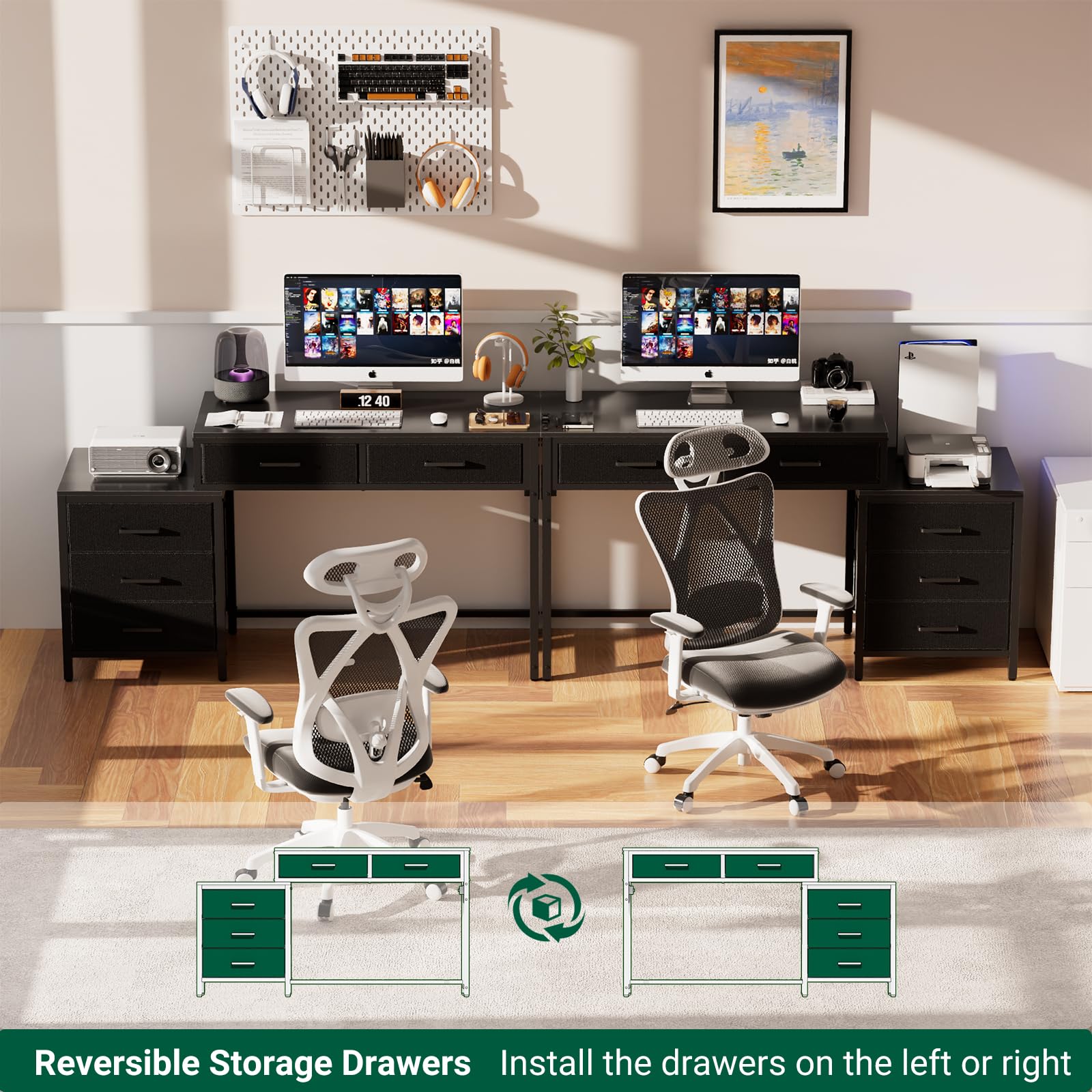 Unikito Reversible Computer Desk with 5 Drawers, Sturdy Office Desk with Power Outlets and USB Ports, Corner Writing Table with File Cabinet & Printer Stand, Vanity Desk with Storage, Black