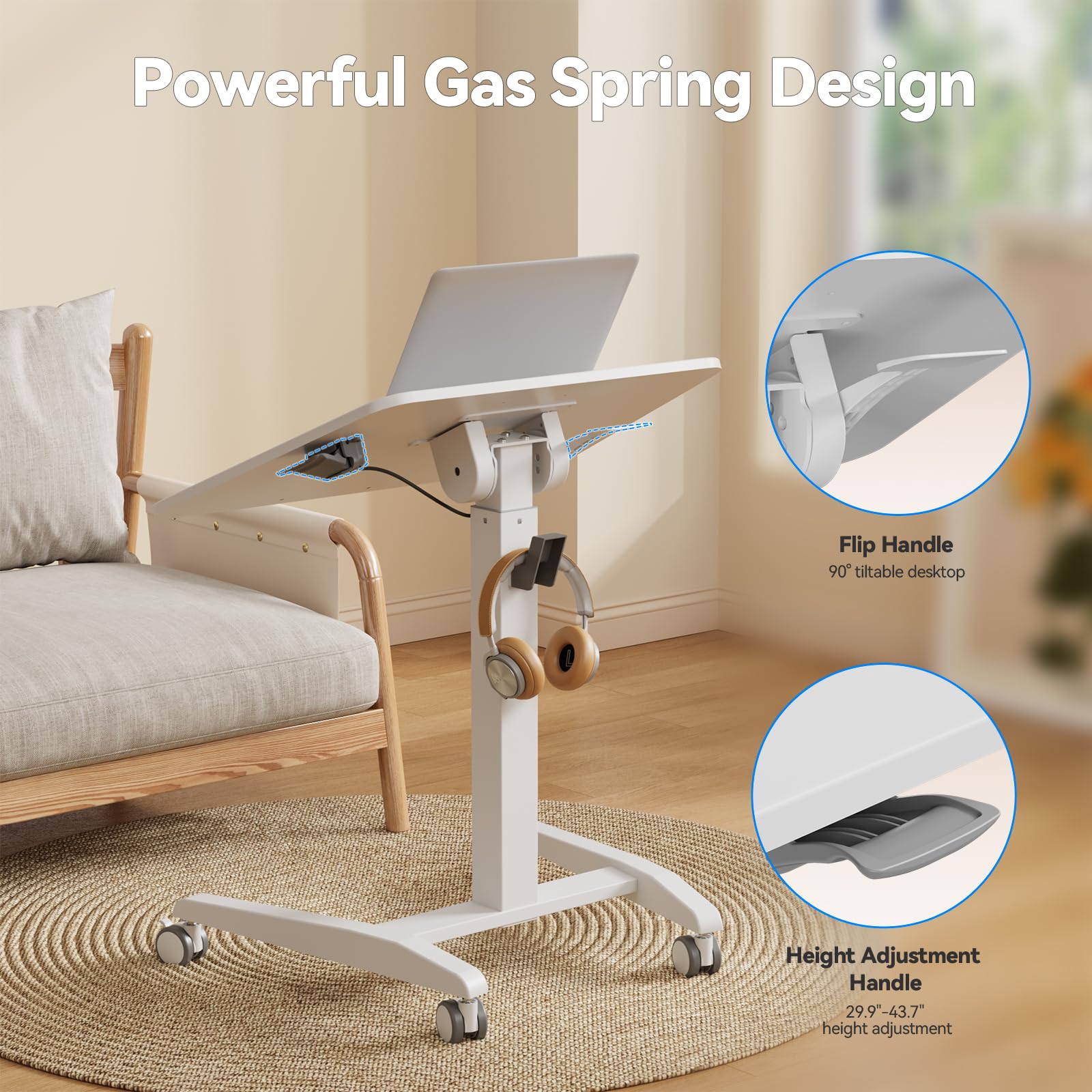 JYLH JOYSEEKER Mobile Standing Desk with 90° Tiltable Desktop, Portable Rolling Standing Desk, Height Adjustable Sit Stand Foldable Desk with Wheels, Mobile Desk Workstation for Home Office, White