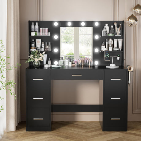 Desk with Mirror, Power Outlet and 10 Lights, Makeup Table with 7 Drawers, 3 Color Modes Available for Bedroom, Dark Black