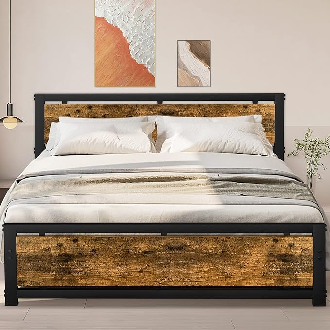 Full Bed Frame with Headboard and Footboard, Heavy Duty Metal Platform