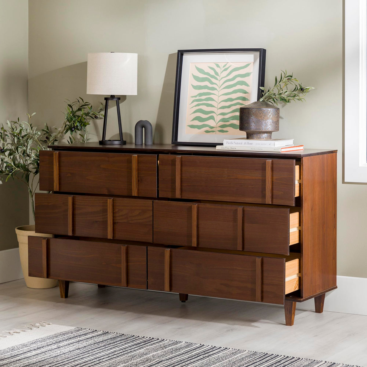 Contemporary Detailed 6-Drawer Solid Wood Dresser, 60 Inch, Walnut