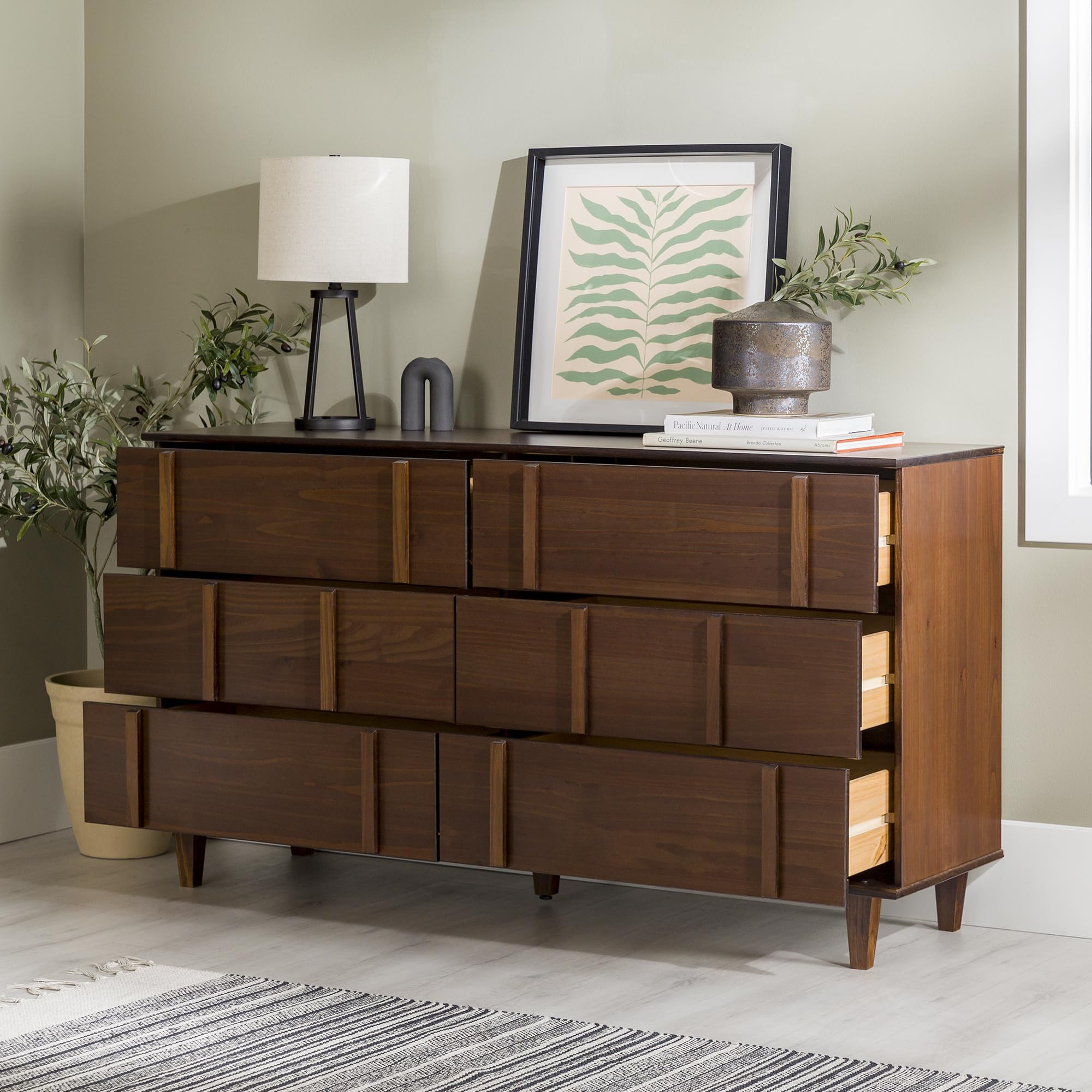 Contemporary Detailed 6-Drawer Solid Wood Dresser, 60 Inch, Walnut
