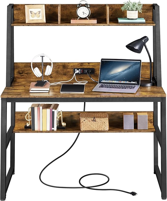 Home Office 47 Inch Writing Desk with Power Outlets and 2 USB Charging Ports