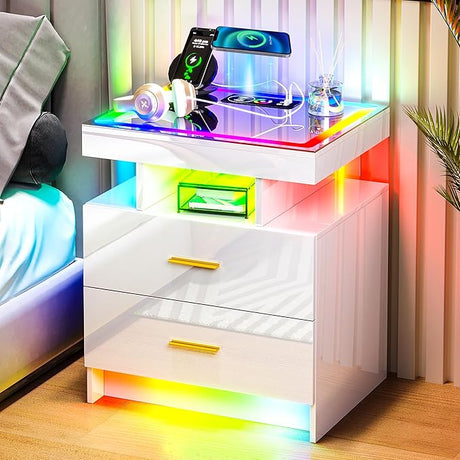 LED Nightstand with Charging Station (USB,Type-C Ports) High Gloss Bedside Table with 2