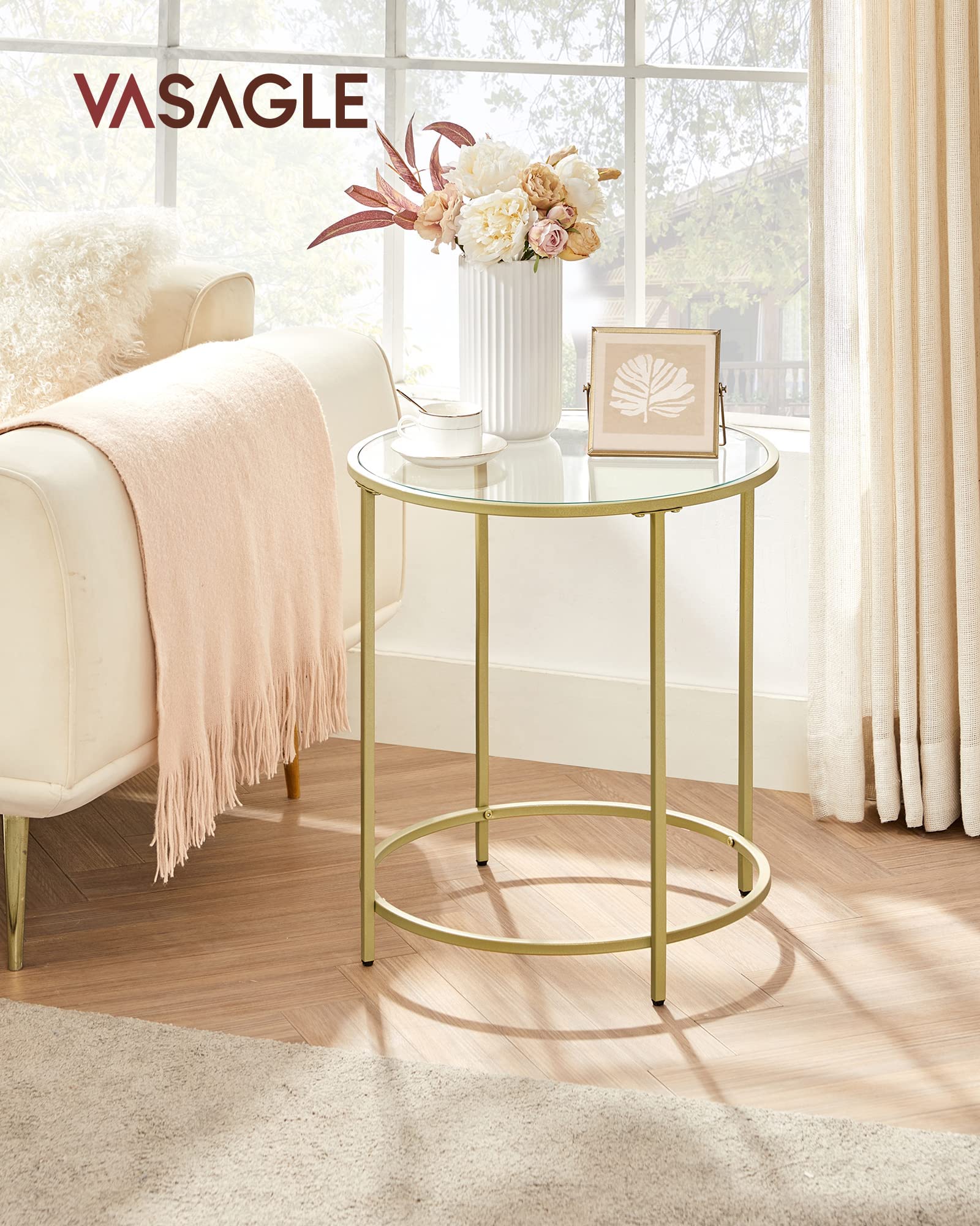 Round Side Tables, Set of 2, Glass End Tables with Metal Frame, Gold Coffee Tables