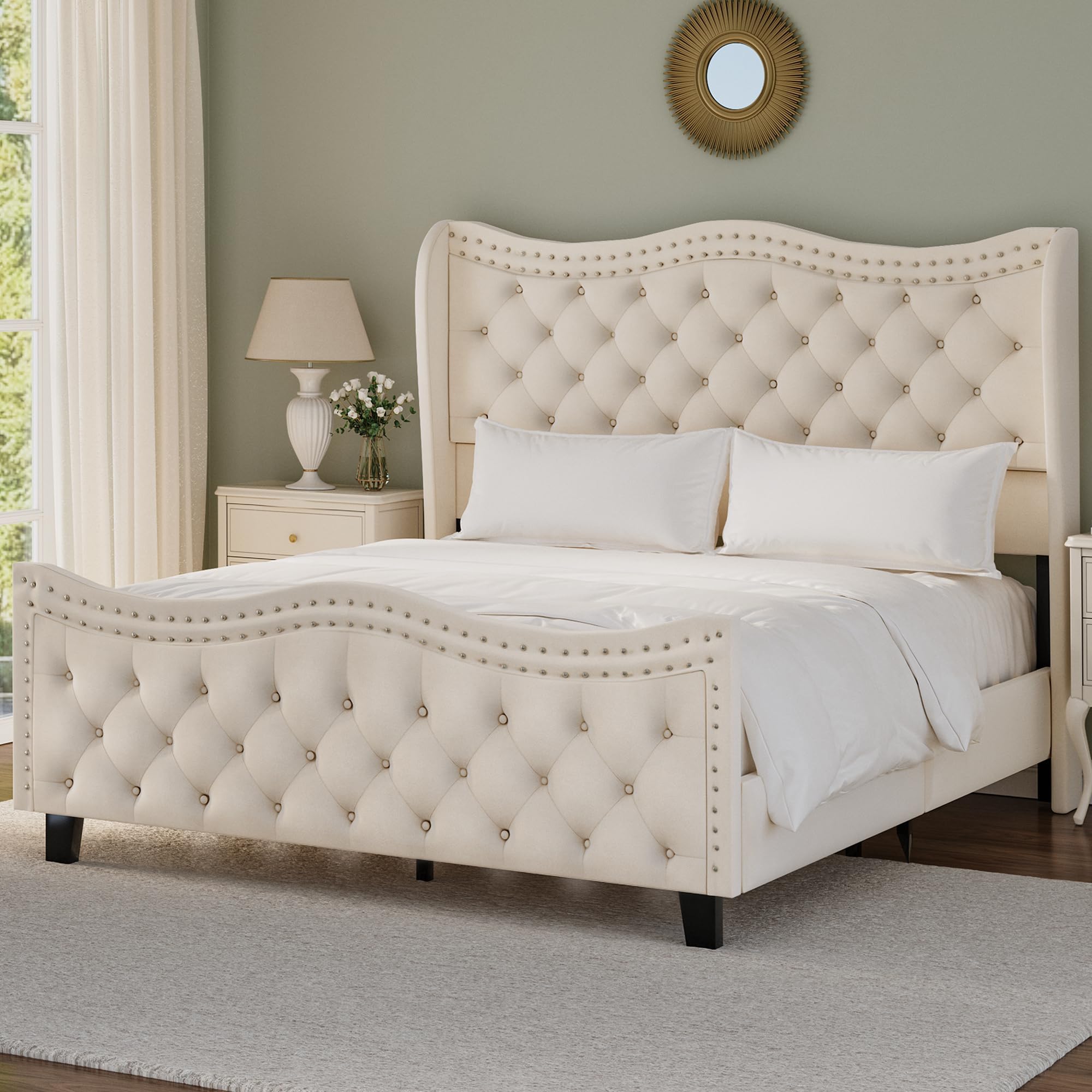 Queen Upholstered Bed with Tufted Wingback Headboard