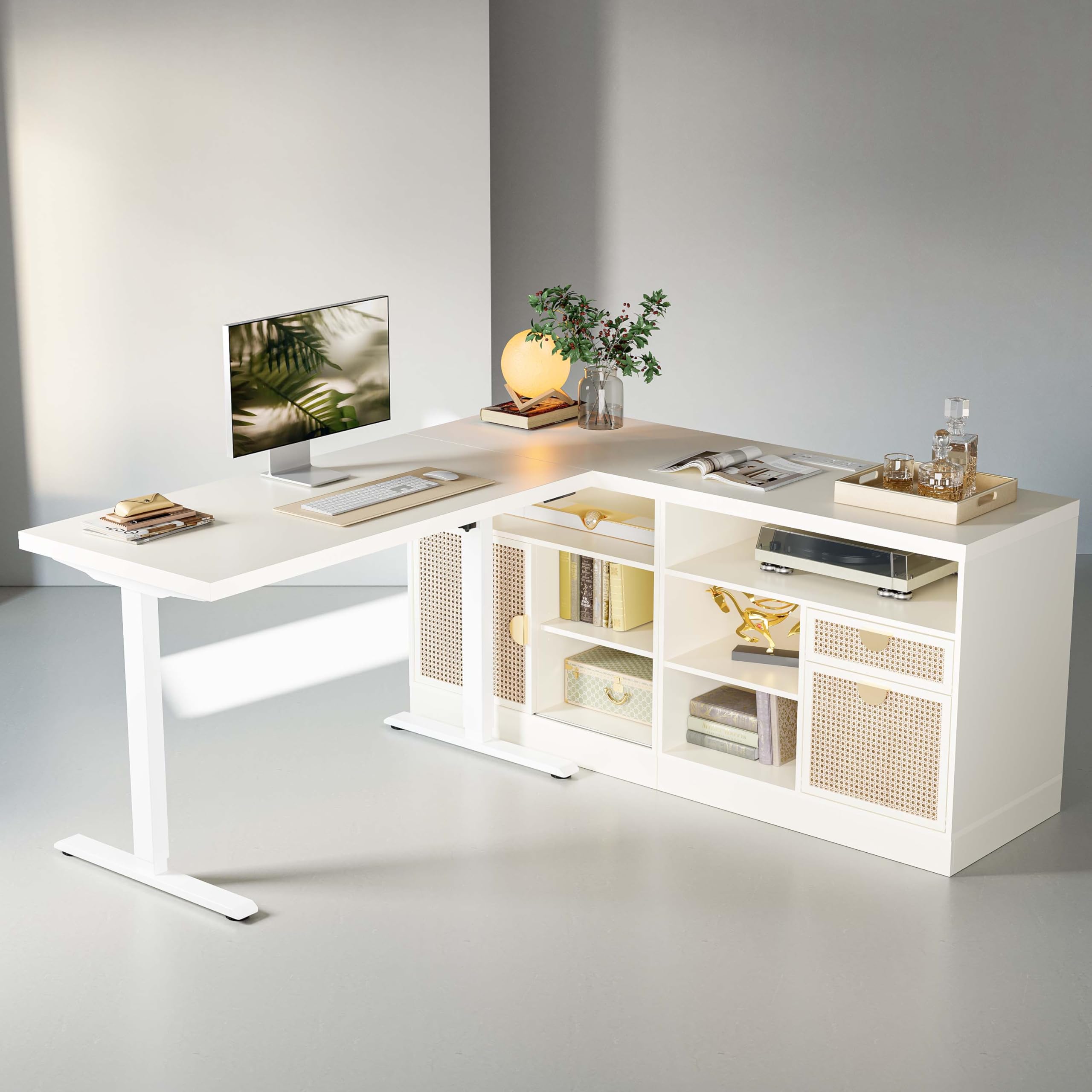 67" Standing Desk with 2 Storage Cabinet, AC/USB, 1.18" Desktop, L Shaped Height