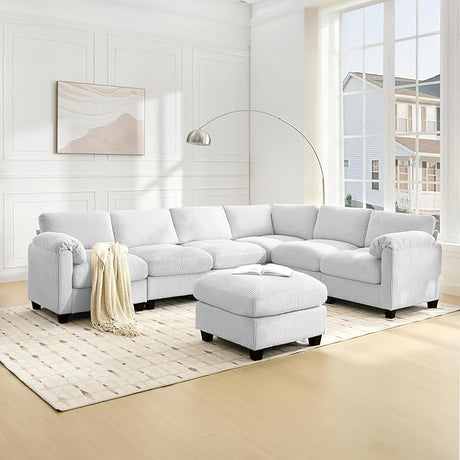 Oversized Corduroy Sectional Couches for Living Room with Movable Ottoman, 6 Seater