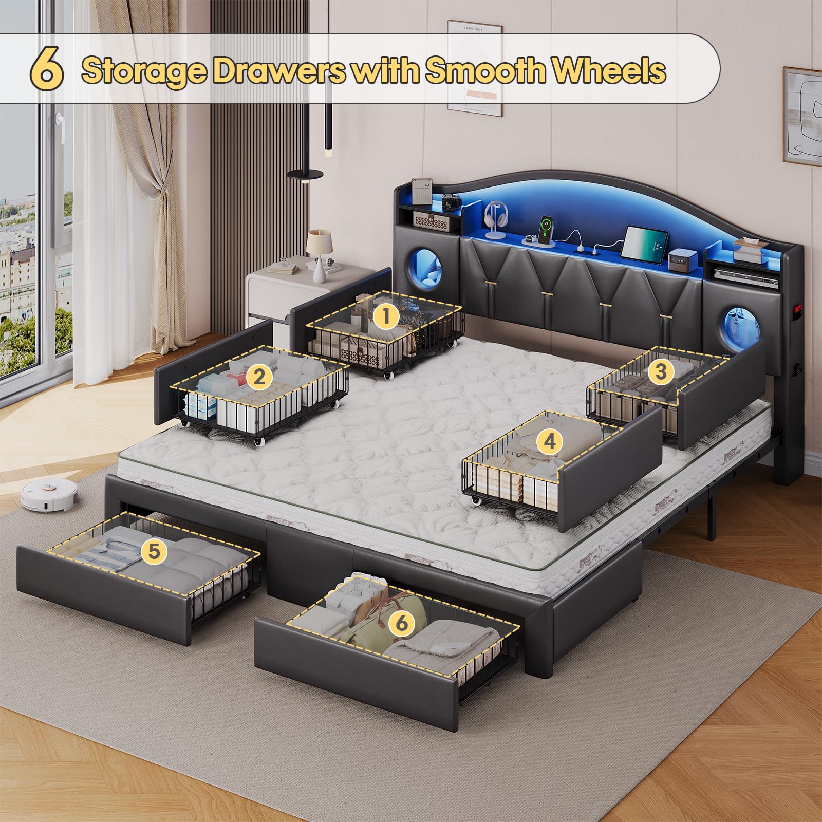 King Size Bed Frame with 6 Storage Drawers and LED Headboard